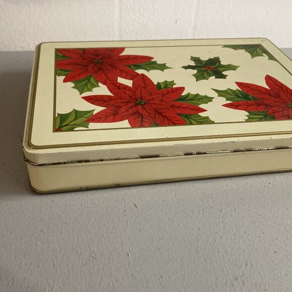 Vintage Red Poinsettia Flowers Litho Metal Tin - Picture 2 of 10